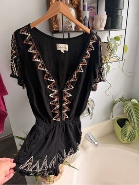 Cleobella Black Embroidered Button Front Romper Boho Festival Small